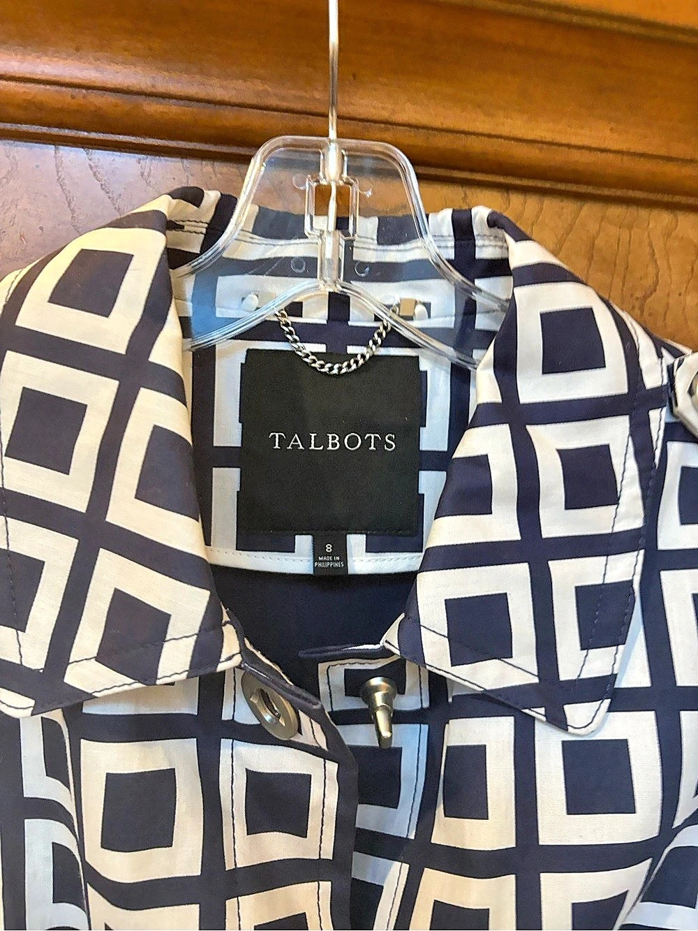 Talbots Navy  Patterned Trench Coat size 8 Like New